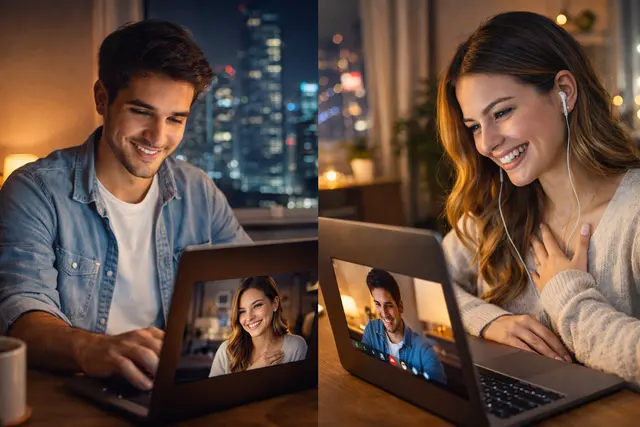 young couple video chatting on laptops in different cities, showing genuine emotional connection