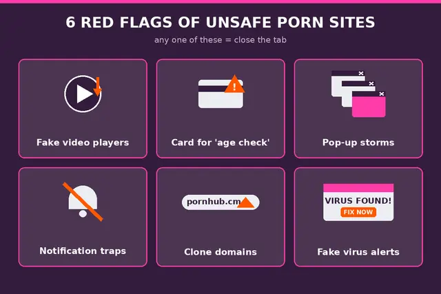 6 red flags of unsafe porn sites: fake players, credit card age checks, pop-up storms, notification traps, clone domains, fake virus alerts