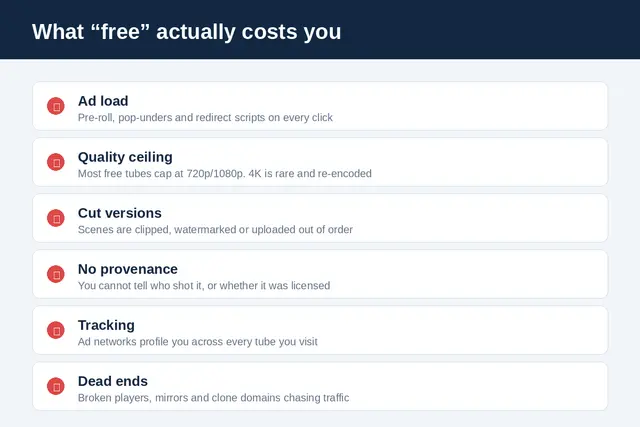 What free porn actually costs: ad load, quality ceiling, cut versions, no provenance, tracking, dead ends